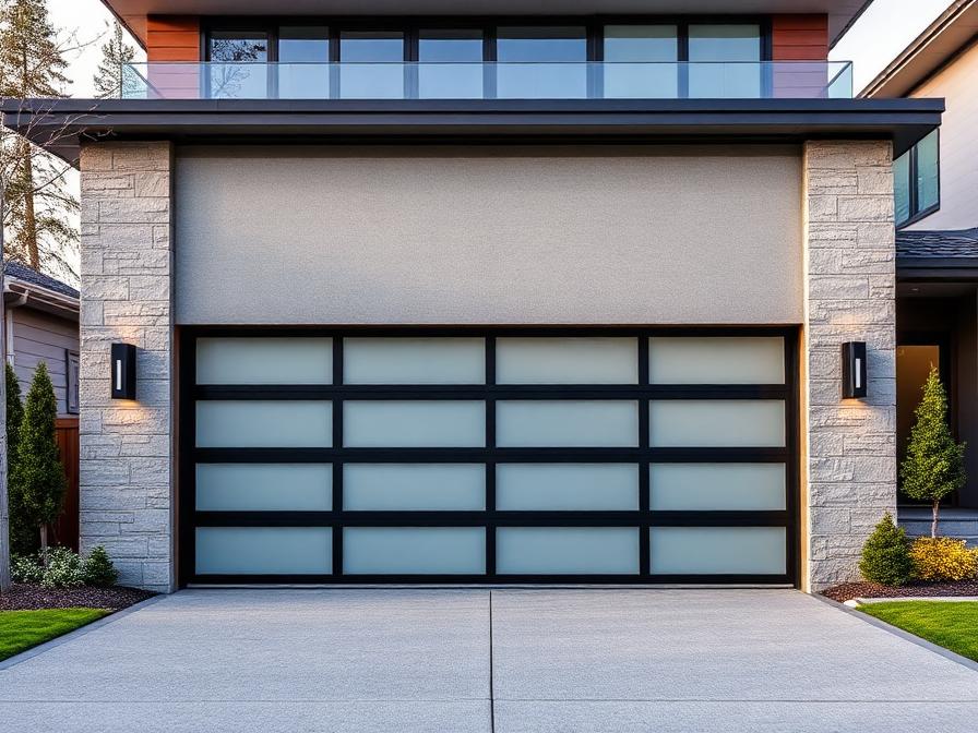 Modern steel garage door with glass panels
